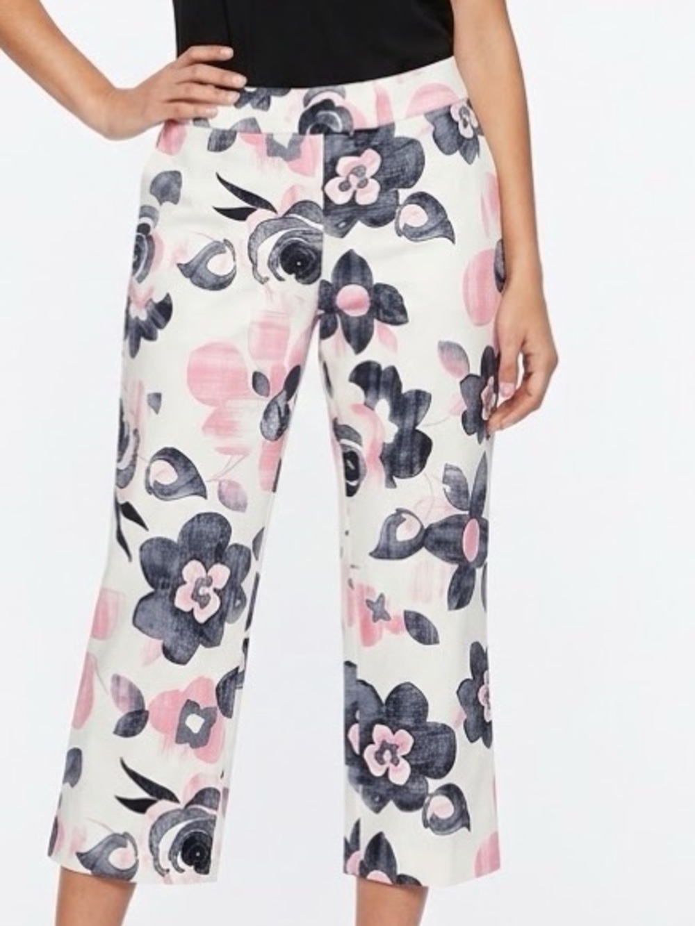NEW YORK & CO Stretchy Pink Black & Cream Floral Cropped Wide-Leg Pants — #LHP